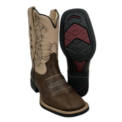 Bota Texana Feminina Vimar Bico Quadrado Couro Fóssil Vog/Bam Castanho Com Bordado Cano Bege Sola VTS-V013F2 Ref.13217