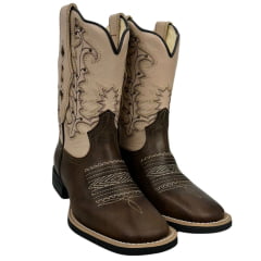 Bota Texana Feminina Vimar Bico Quadrado Couro Fóssil Vog/Bam Castanho Com Bordado Cano Bege Sola VTS-V013F2 Ref.13217