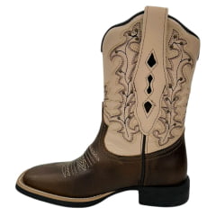 Bota Texana Feminina Vimar Bico Quadrado Couro Fóssil Vog/Bam Castanho Com Bordado Cano Bege Sola VTS-V013F2 Ref.13217