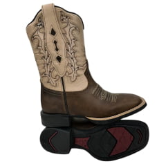 Bota Texana Feminina Vimar Bico Quadrado Couro Fóssil Vog/Bam Castanho Com Bordado Cano Bege Sola VTS-V013F2 Ref.13217