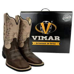 Bota Texana Feminina Vimar Bico Quadrado Couro Fóssil Vog/Bam Castanho Com Bordado Cano Bege Sola VTS-V013F2 Ref.13217