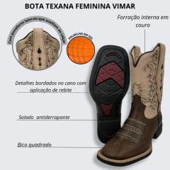 Bota Texana Feminina Vimar Bico Quadrado Couro Fóssil Vog/Bam Castanho Com Bordado Cano Bege Sola VTS-V013F2 Ref.13217