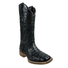 Bota Texana Feminina Vimar Bico Quadrado Couro Jacaré Fóssil Preto Com Bordado no Cano Sola Magnum V00 Ref.13103