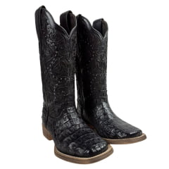 Bota Texana Feminina Vimar Bico Quadrado Couro Jacaré Fóssil Preto Com Bordado no Cano Sola Magnum V00 Ref.13103