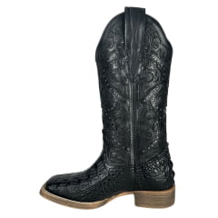 Bota Texana Feminina Vimar Bico Quadrado Couro Jacaré Fóssil Preto Com Bordado no Cano Sola Magnum V00 Ref.13103