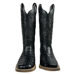 Bota Texana Feminina Vimar Bico Quadrado Couro Jacaré Fóssil Preto Com Bordado no Cano Sola Magnum V00 Ref.13103