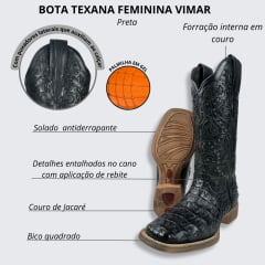 Bota Texana Feminina Vimar Bico Quadrado Couro Jacaré Fóssil Preto Com Bordado no Cano Sola Magnum V00 Ref.13103