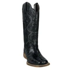 Bota Texana Feminina Vimar Bico Quadrado Couro Rabo De Jacaré Fóssil Preto Com Bordado No Cano E Sola Magnum VOO Ref:130