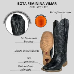 Bota Texana Feminina Vimar Bico Quadrado Couro Rabo De Jacaré Fóssil Preto Com Bordado No Cano E Sola Magnum VOO Ref:130