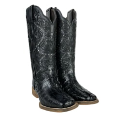 Bota Texana Feminina Vimar Bico Quadrado Couro Rabo De Jacaré Fóssil Preto Com Bordado No Cano E Sola Magnum VOO Ref:130