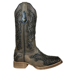Bota Texana Feminina Vimar Bico Quadrado Couro Roc Metalizado Bordado Fundo Preto Tachinhas Douradas Ref:13258
