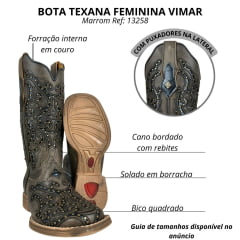 Bota Texana Feminina Vimar Bico Quadrado Couro Roc Metalizado Bordado Fundo Preto Tachinhas Douradas Ref:13258