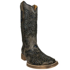 Bota Texana Feminina Vimar Bico Quadrado Couro Roc Metalizado Bordado Fundo Preto Tachinhas Douradas Ref:13258