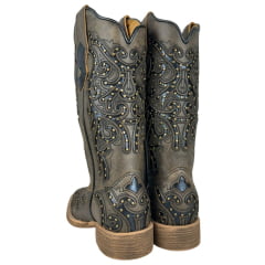 Bota Texana Feminina Vimar Bico Quadrado Couro Roc Metalizado Bordado Fundo Preto Tachinhas Douradas Ref:13258