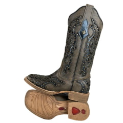 Bota Texana Feminina Vimar Bico Quadrado Couro Roc Metalizado Bordado Fundo Preto Tachinhas Douradas Ref:13258