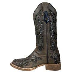 Bota Texana Feminina Vimar Bico Quadrado Couro Roc Metalizado Bordado Fundo Preto Tachinhas Douradas Ref:13258