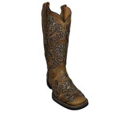 Bota Texana Feminina Vimar Bico Quadrado Fóssil Caramelo Com Bordado Branco Sola VTS V015F2 Ref.13175