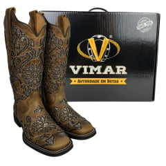 Bota Texana Feminina Vimar Bico Quadrado Fóssil Caramelo Com Bordado Branco Sola VTS V015F2 Ref.13175