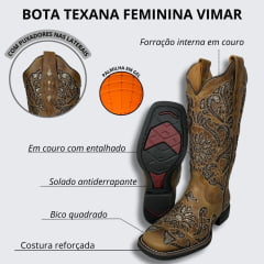 Bota Texana Feminina Vimar Bico Quadrado Fóssil Caramelo Com Bordado Branco Sola VTS V015F2 Ref.13175