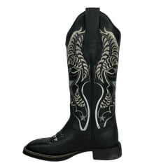 Bota Texana Feminina Vimar Bico Quadrado Fóssil Preto Com Bordado Branco Sola VTS V01F2 Ref.13218