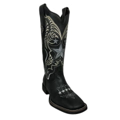 Bota Texana Feminina Vimar Bico Quadrado Fóssil Preto Com Bordado Branco Sola VTS V01F2 Ref.13218