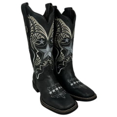 Bota Texana Feminina Vimar Bico Quadrado Fóssil Preto Com Bordado Branco Sola VTS V01F2 Ref.13218