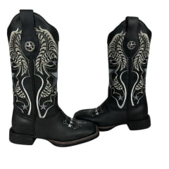 Bota Texana Feminina Vimar Bico Quadrado Fóssil Preto Com Bordado Branco Sola VTS V01F2 Ref.13218