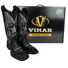 Bota Texana Feminina Vimar Bico Quadrado Fóssil Preto Com Bordado Branco Sola VTS V01F2 Ref.13218