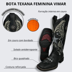 Bota Texana Feminina Vimar Bico Quadrado Fóssil Preto Com Bordado Branco Sola VTS V01F2 Ref.13218