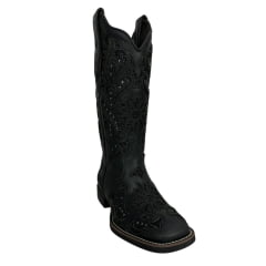 Bota Texana Feminina Vimar Bico Quadrado Fóssil Preto Com Bordado e Brilho Sola VTS V015F2 Ref.13175