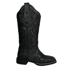 Bota Texana Feminina Vimar Bico Quadrado Fóssil Preto Com Bordado e Brilho Sola VTS V015F2 Ref.13175