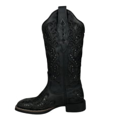 Bota Texana Feminina Vimar Bico Quadrado Fóssil Preto Com Bordado e Brilho Sola VTS V015F2 Ref.13175