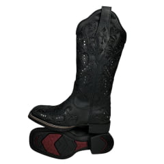 Bota Texana Feminina Vimar Bico Quadrado Fóssil Preto Com Bordado e Brilho Sola VTS V015F2 Ref.13175