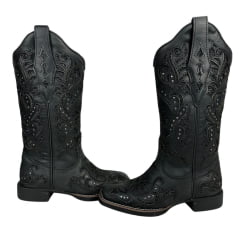 Bota Texana Feminina Vimar Bico Quadrado Fóssil Preto Com Bordado e Brilho Sola VTS V015F2 Ref.13175