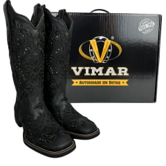 Bota Texana Feminina Vimar Bico Quadrado Fóssil Preto Com Bordado e Brilho Sola VTS V015F2 Ref.13175