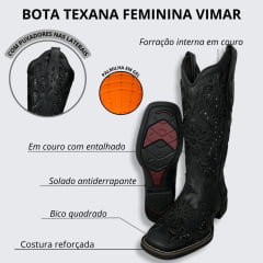 Bota Texana Feminina Vimar Bico Quadrado Fóssil Preto Com Bordado e Brilho Sola VTS V015F2 Ref.13175