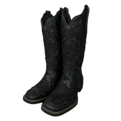 Bota Texana Feminina Vimar Bico Quadrado Fóssil Preto Com Bordado e Brilho Sola VTS V015F2 Ref.13175