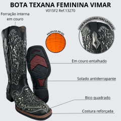 Bota Texana Feminina Vimar Bico Quadrado Fóssil Preto Metal Titanic Sola VTS V015F2 Ref.13270