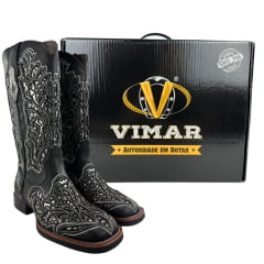 Bota Texana Feminina Vimar Bico Quadrado Fóssil Preto Metal Titanic Sola VTS V015F2 Ref.13270