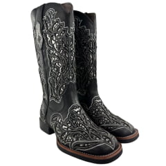 Bota Texana Feminina Vimar Bico Quadrado Fóssil Preto Metal Titanic Sola VTS V015F2 Ref.13270