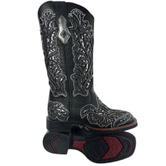 Bota Texana Feminina Vimar Bico Quadrado Fóssil Preto Metal Titanic Sola VTS V015F2 Ref.13270