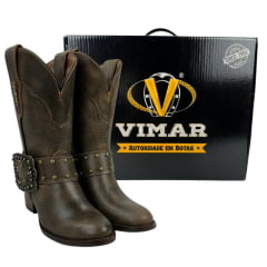 Bota Texana Feminina Vimar Bico Redondo Couro Rock Capuccino Com Detalhe Cinto Com Fivela Sola Ibiza V001 Ref:11232.