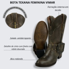 Bota Texana Feminina Vimar Bico Redondo Couro Rock Capuccino Com Detalhe Cinto Com Fivela Sola Ibiza V001 Ref:11232.