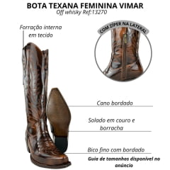 Bota Texana Feminina Vimar Boots Bico Fino Cano Alto Com Zíper Couro Brush Off Whisky Sola Luchese Café Ref:10276