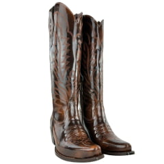 Bota Texana Feminina Vimar Boots Bico Fino Cano Alto Com Zíper Couro Brush Off Whisky Sola Luchese Café Ref:10276