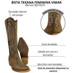 Bota Texana Feminina Vimar Boots Bico Fino Cano Alto Com Zíper Couro Fóssil Bordado Cru Sola Luchese Natural Ref:10276
