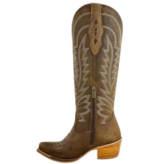 Bota Texana Feminina Vimar Boots Bico Fino Cano Alto Com Zíper Couro Fóssil Bordado Cru Sola Luchese Natural Ref:10276