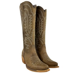 Bota Texana Feminina Vimar Boots Bico Fino Cano Alto Com Zíper Couro Fóssil Bordado Cru Sola Luchese Natural Ref:10276