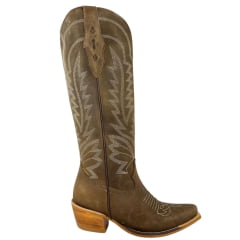 Bota Texana Feminina Vimar Boots Bico Fino Cano Alto Com Zíper Couro Fóssil Bordado Cru Sola Luchese Natural Ref:10276