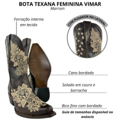 Bota Texana Feminina Vimar Boots Bico Fino Cano Médio Couro Savana Bordado Flores Bege Sola Luchese -00